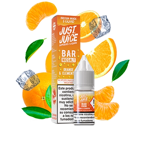 Frasco y caja naranja de Just Juice Bar Salts Orange Clementine, rodeados de cítricos enteros, rodajas, gajos, hojas y cubitos de hielo.