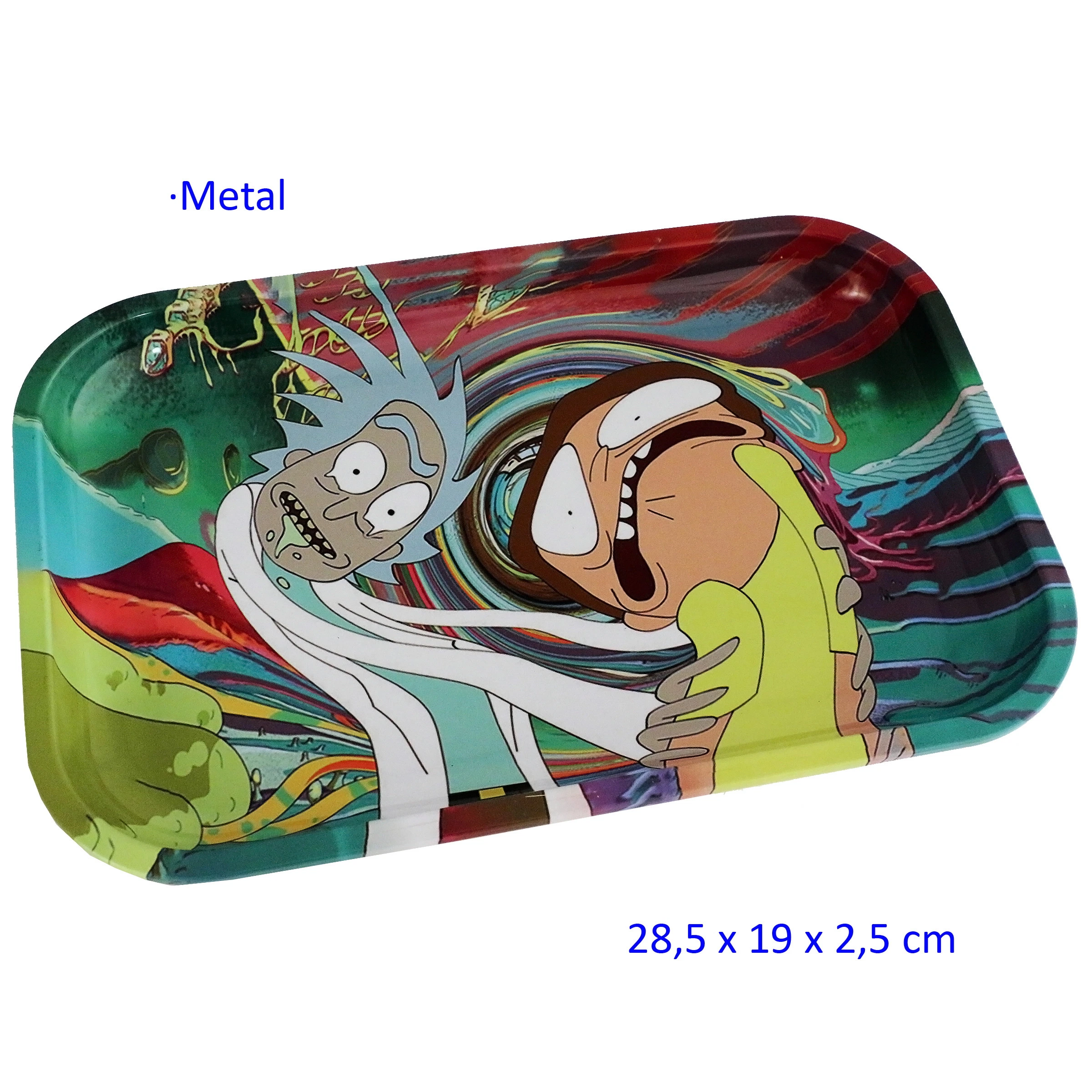 Bandeja rectangular de bordes elevados con Rick y Morty distorsionados sobre un fondo de remolinos multicolores.