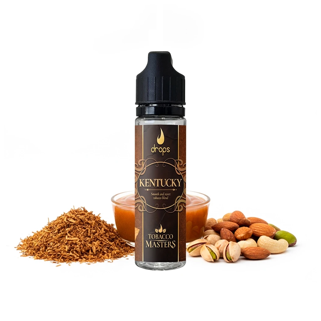 Frasco Drops Tobacco Masters Kentucky con tapón negro, rodeado de tabaco picado, frutos secos y un recipiente con líquido ámbar.