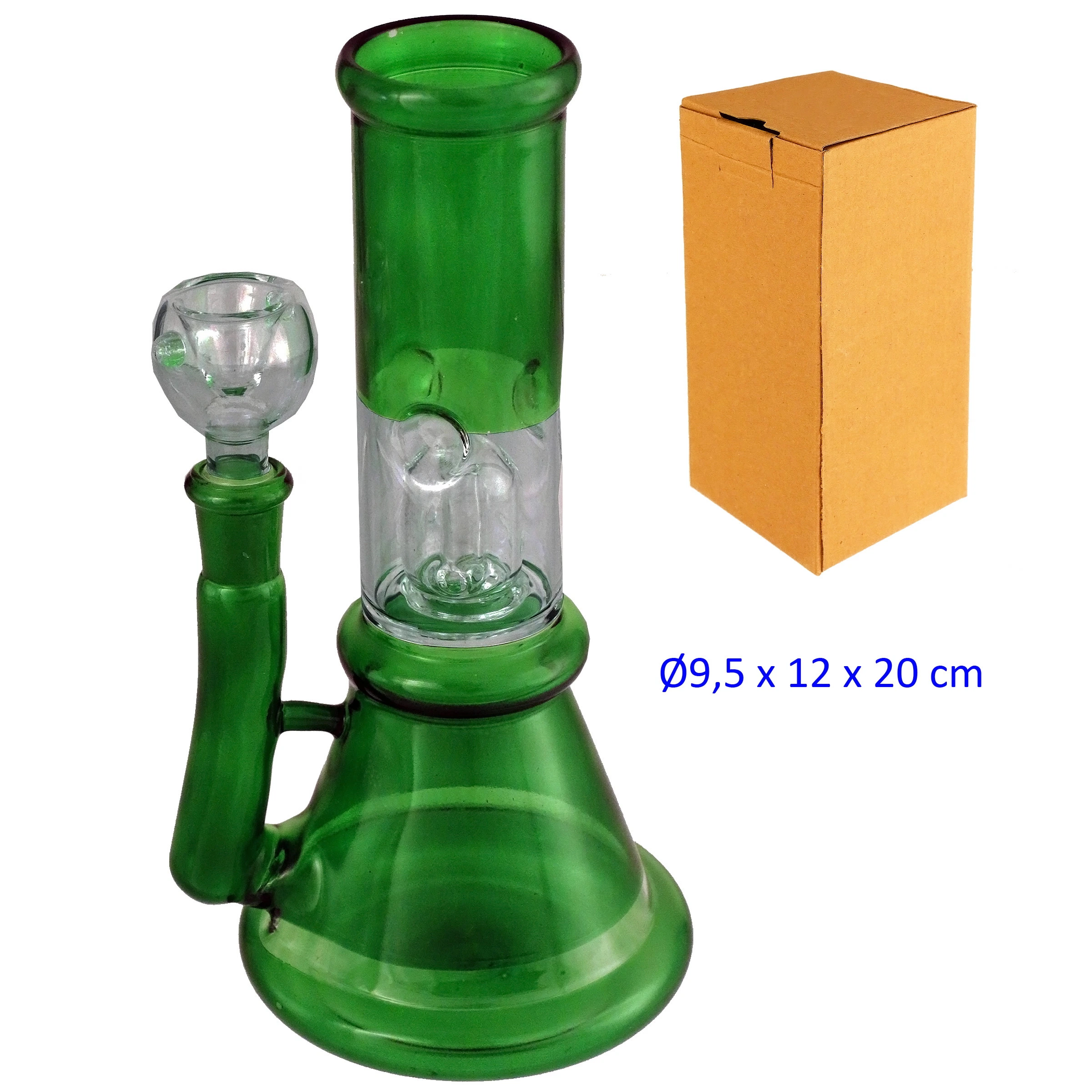 Bong de cristal verde con base acampanada, cámara transparente y cazoleta lateral, junto a una caja de cartón.