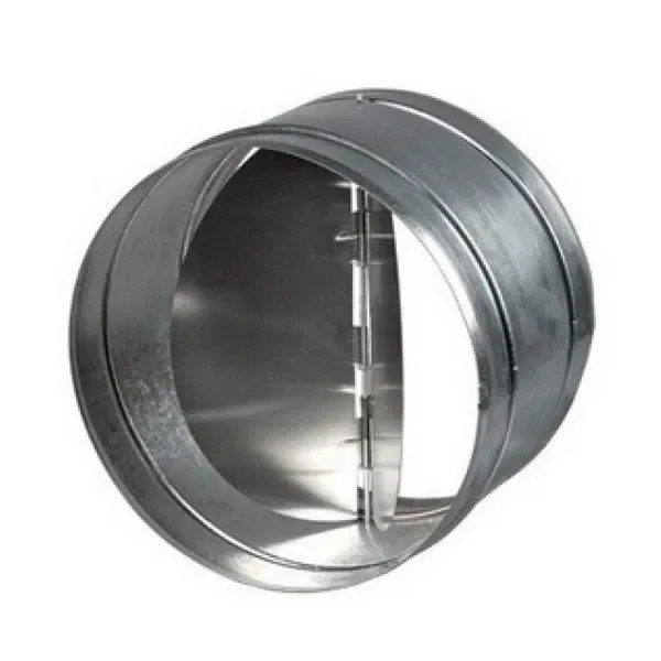 Válvula antirretorno de ventilación vista en perspectiva, con cuerpo circular plateado y compuertas interiores sobre un eje central.