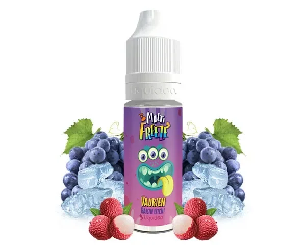 Frasco de e-líquido Vaurien Multi Freeze Liquideo con etiqueta morada y monstruo ilustrado, rodeado de uvas, lichis y hielo.