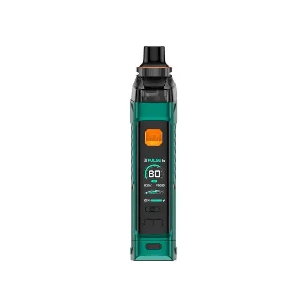 Vaporesso Armour GS Kit verde visto de frente, con boquilla negra, botón naranja, pantalla encendida y puerto de carga inferior. Vaporesso Armour GS Kit verde visto de frente, con boquilla negra, botón naranja, pantalla encendida y puerto de carga inferior.