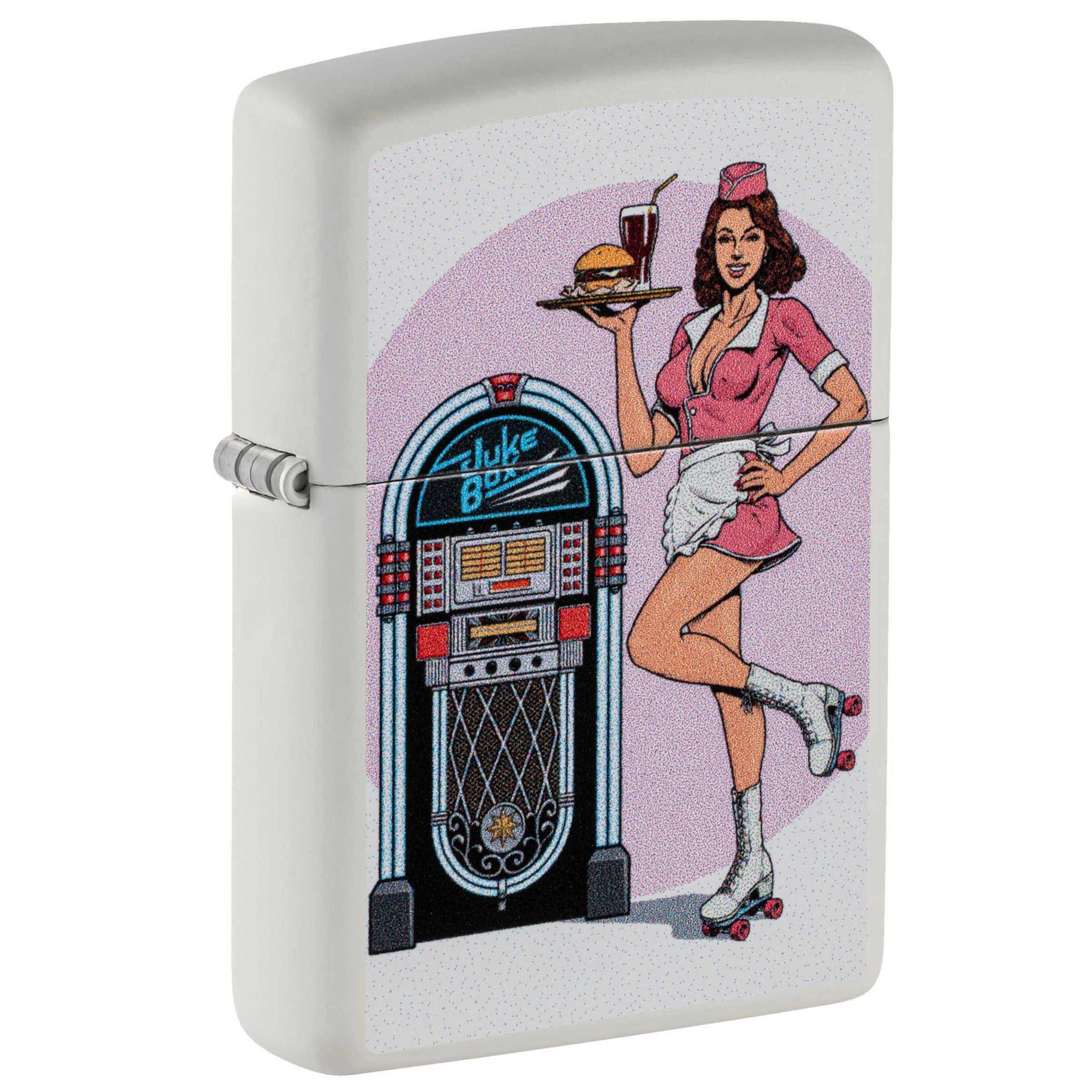 Encendedor Zippo blanco cerrado, decorado con una camarera en patines que sostiene una bandeja junto a una máquina de discos.