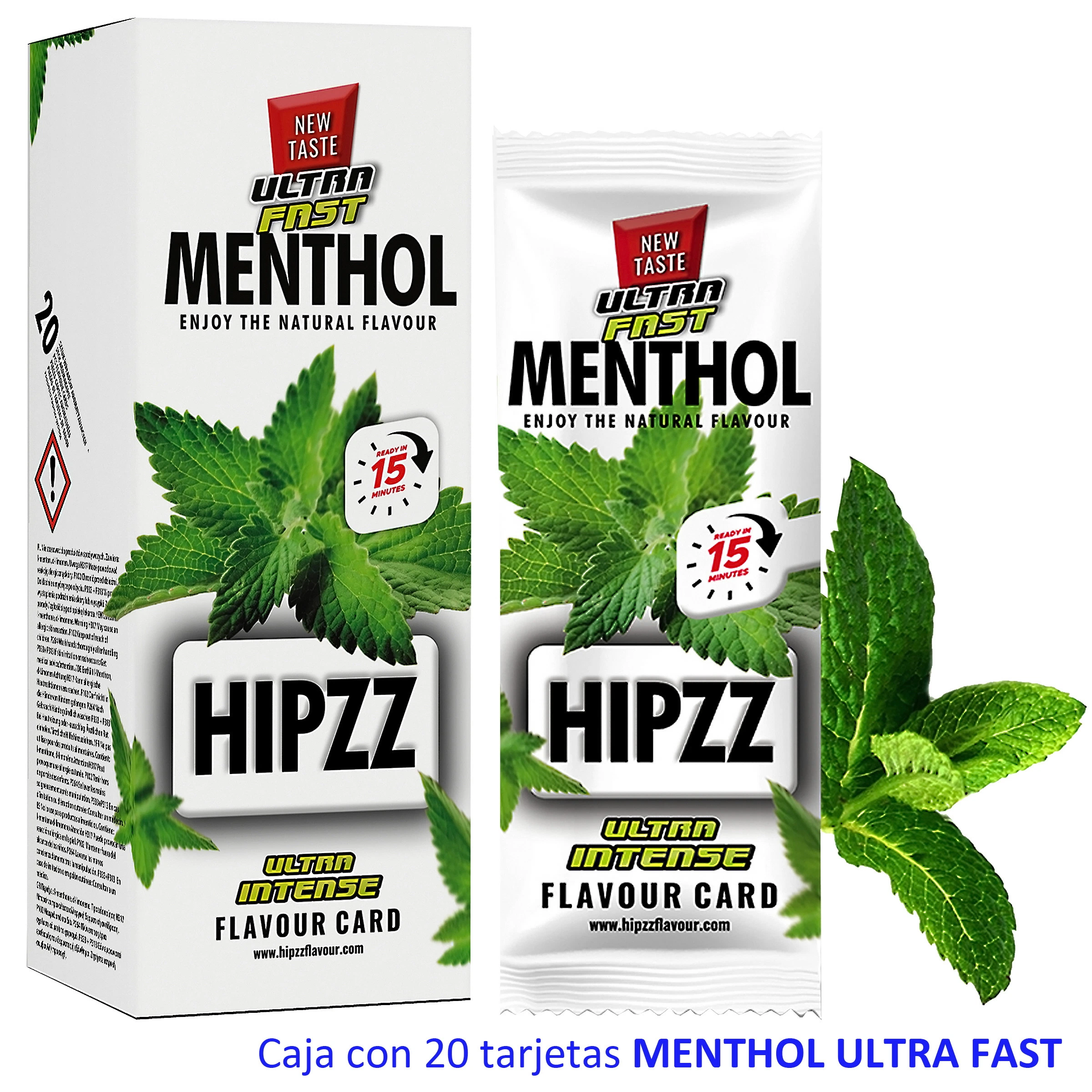Caja y sobre individual HIPZZ Menthol Ultra Fast, con hojas de menta y las indicaciones «15 minutes» y «20 tarjetas».