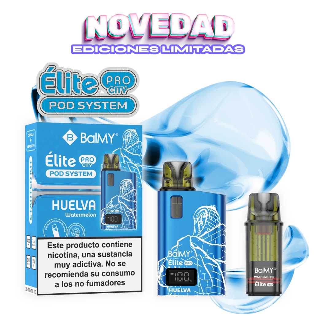 Presentación de Balmy Élite Pro City Huelva Watermelon con caja, dispositivo azul y cartucho, sobre fondo negro con formas azules.