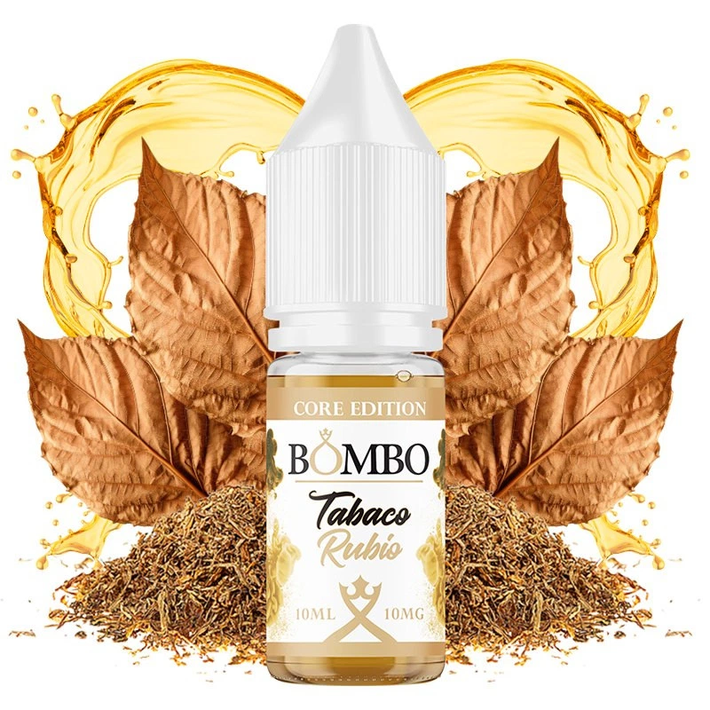Frasco de Tabaco Rubio Bombo Core Edition, etiquetado 10 ml y 10 mg, ante hojas secas, tabaco picado y salpicaduras doradas.