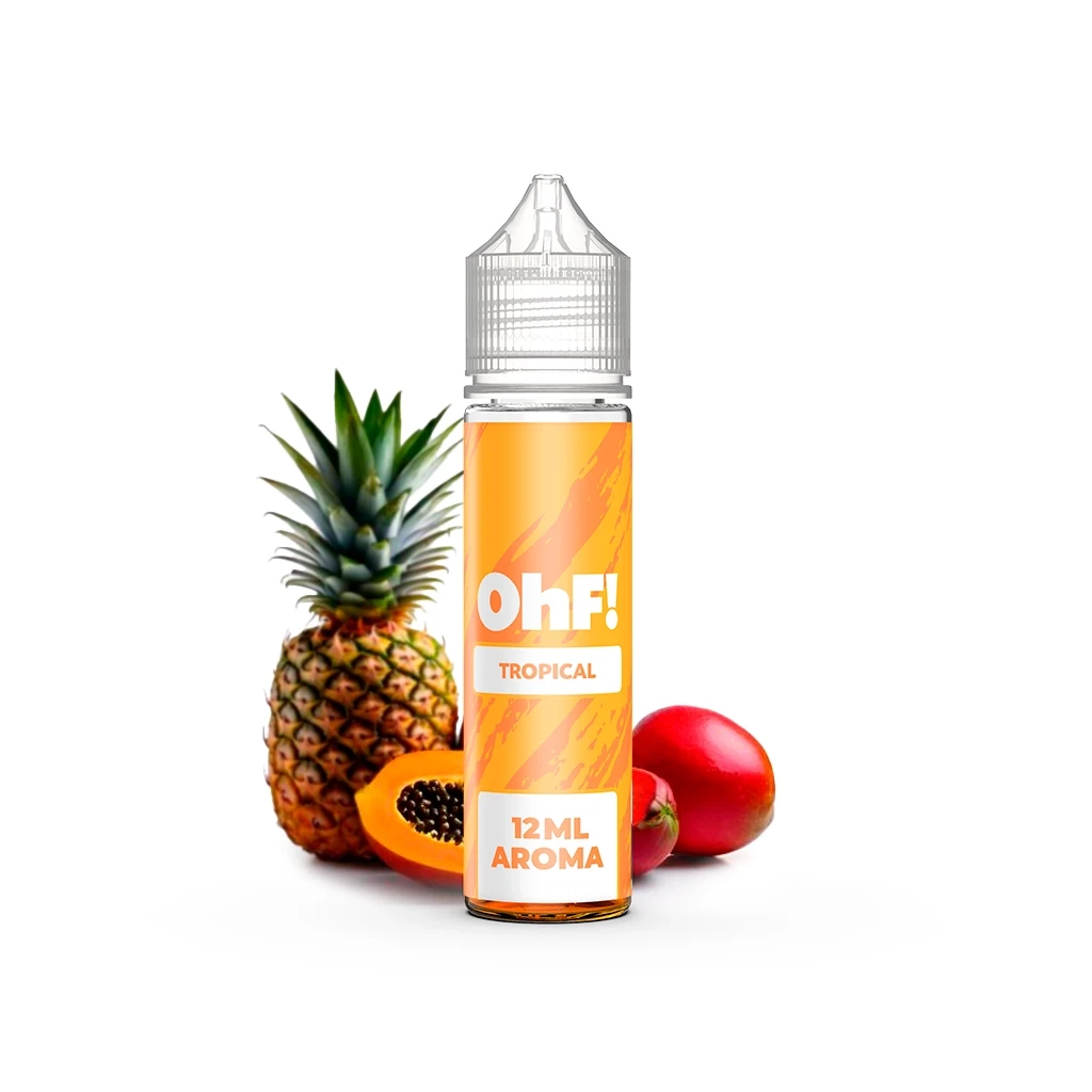 Frasco OhF! Tropical con etiqueta naranja y texto «12 ml aroma», acompañado de una piña, una papaya abierta y frutos rojos.