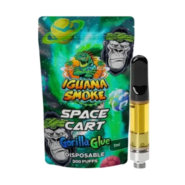 Cartucho Space Gorilla Glue de 1 ml con boquilla negra y líquido amarillo junto a su envase verde con gorilas y motivos espaciales.