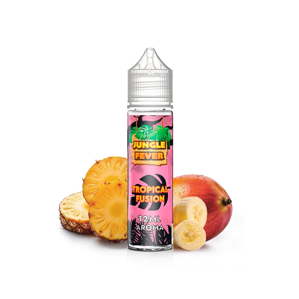 Frasco Jungle Fever Tropical Fusion con etiqueta rosa de 12 ml y tapón transparente, rodeado de piña, mango y rodajas de plátano.
