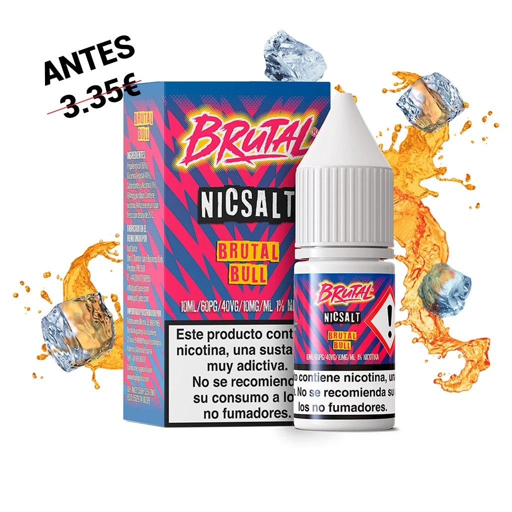 Frasco y caja de Brutal Bull Nicsalt en azul y rosa, con tapón blanco y advertencias de nicotina, rodeados de salpicaduras naranjas y hielo.