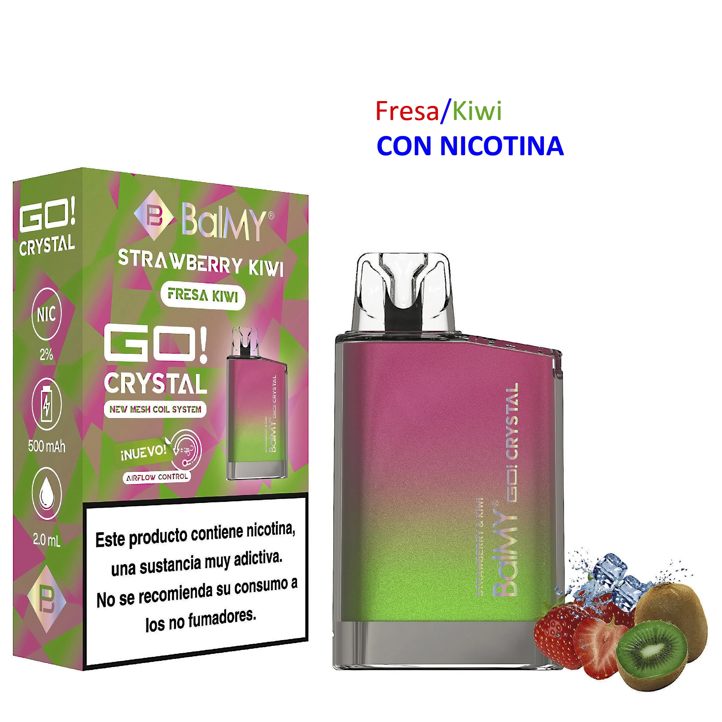 Vaper Balmy GO Crystal Strawberry-Kiwi con cuerpo rosa y verde, boquilla transparente y caja junto a fresas, kiwi y hielo.