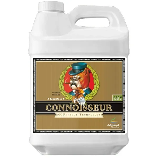 Garrafa blanca de pH Perfect Connoisseur Coco Grow A, con asa y etiqueta dorada que muestra un bulldog con sombrero y monóculo.