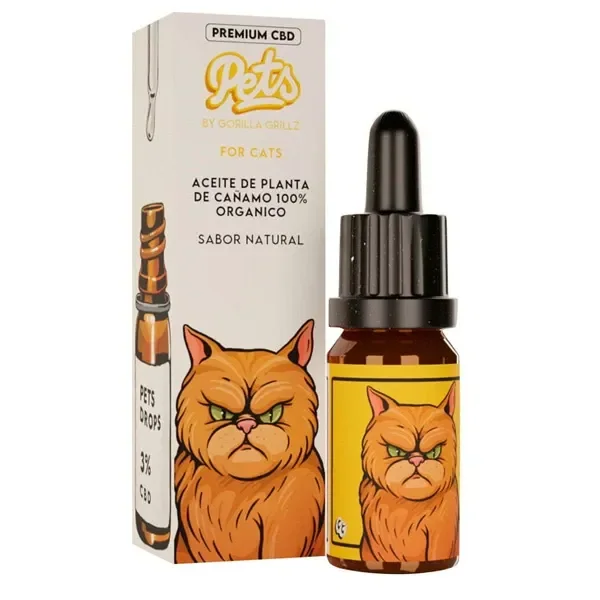 Aceite CBD Gorilla Grillz Pets para gatos, en frasco ámbar con cuentagotas y caja blanca decorada con un gato naranja.