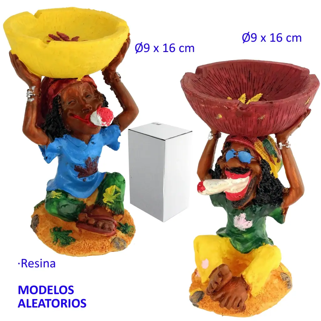 Modelos de cenicero con figuras rasta sentadas que sostienen cuencos amarillos o rojizos sobre la cabeza; se indica selección aleatoria.