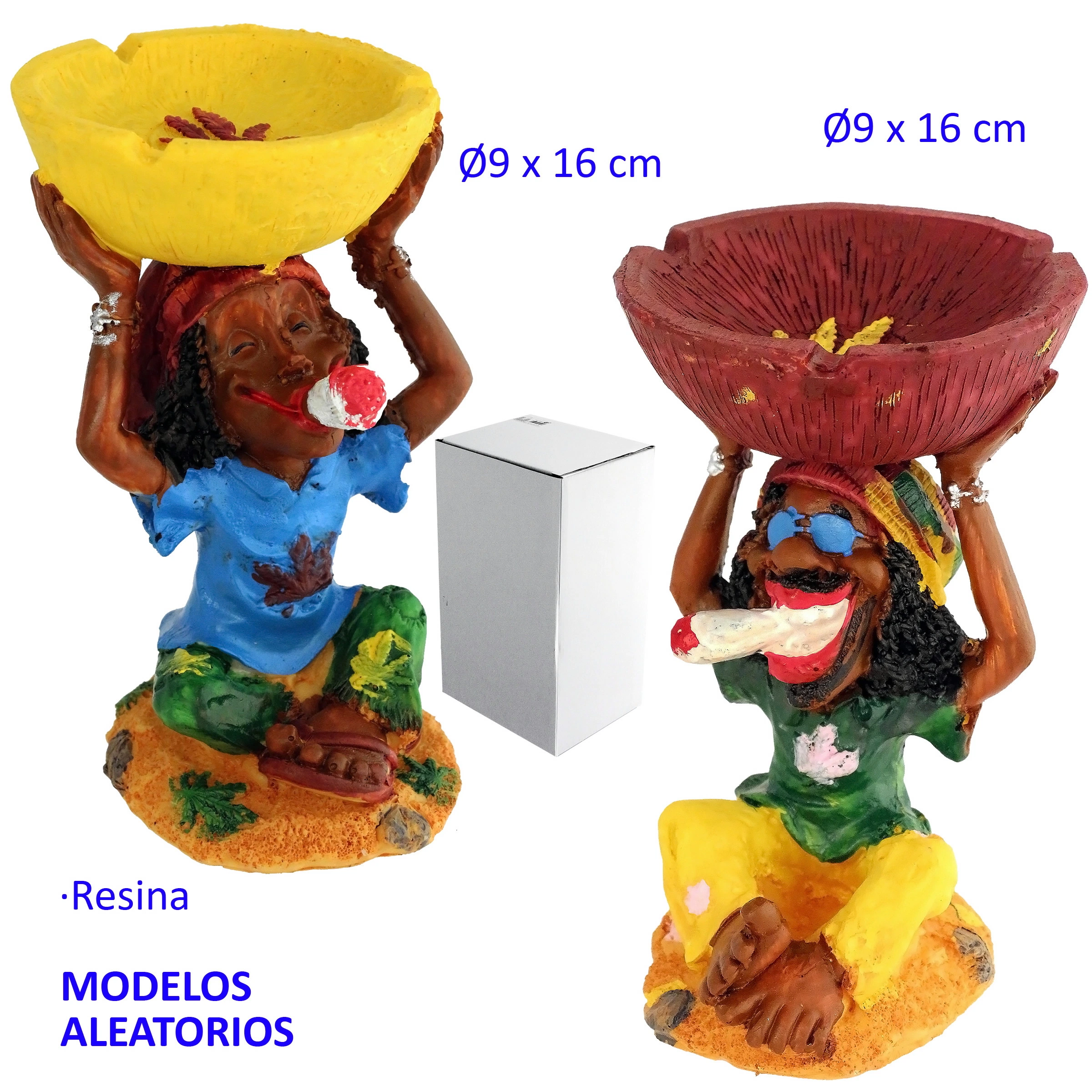 Modelos de cenicero con figuras rasta sentadas que sostienen cuencos amarillos o rojizos sobre la cabeza; se indica selección aleatoria.