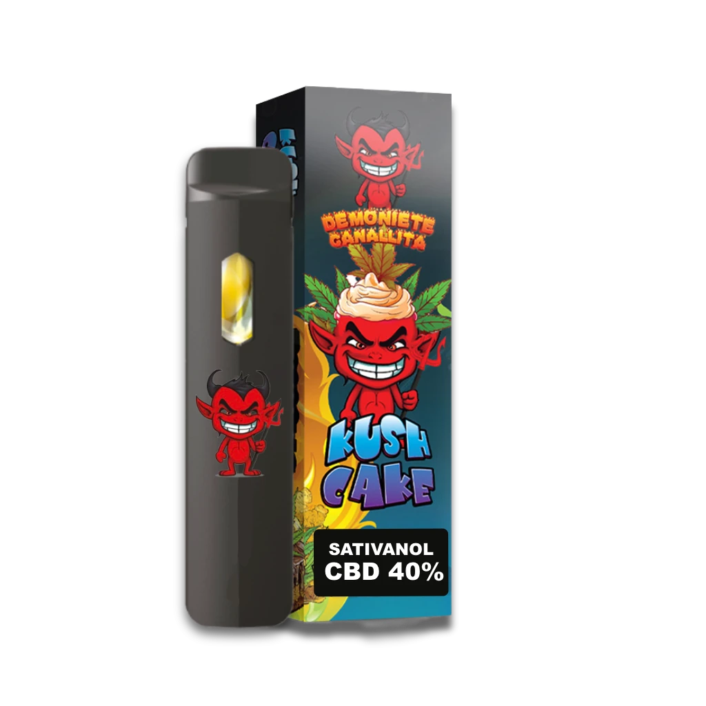 Pod negro Demoniete Canallita junto a su caja Kush Cake, decorados con diablos rojos; el envase muestra «Sativanol CBD 40%».