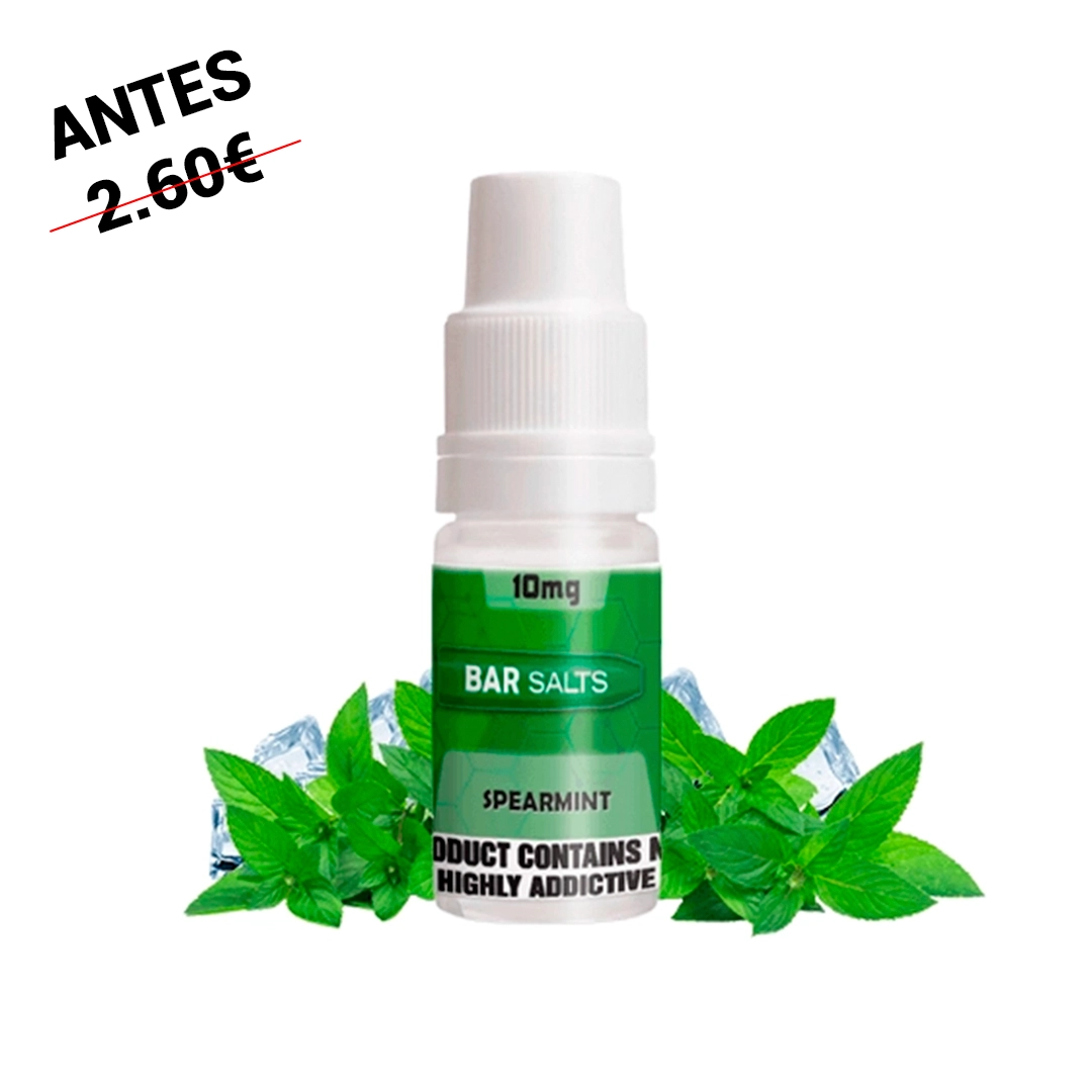 Frasco Bar Salts Spearmint con tapón blanco y etiqueta verde de 10 mg, rodeado de hojas de menta y cubitos de hielo.
