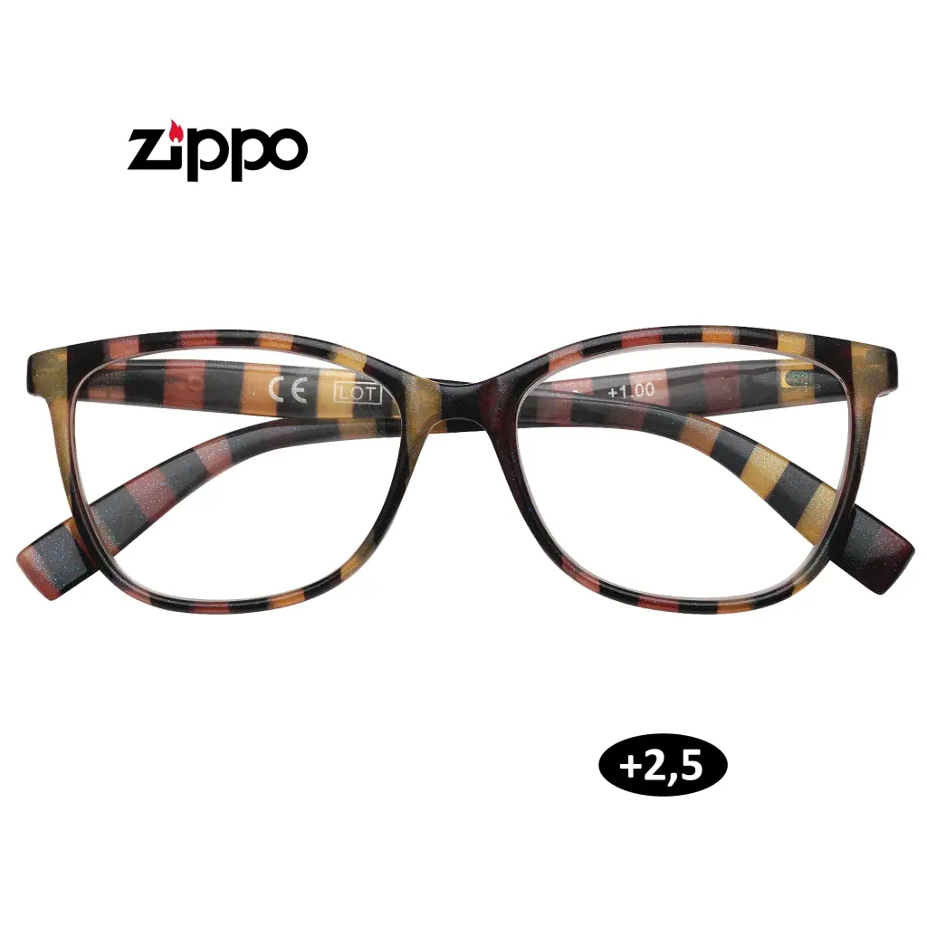 Gafas de lectura Zippo con montura rectangular de franjas oscuras, rojizas y ámbar; distintivo +2,5 y marca +1.00 visible en una lente.
