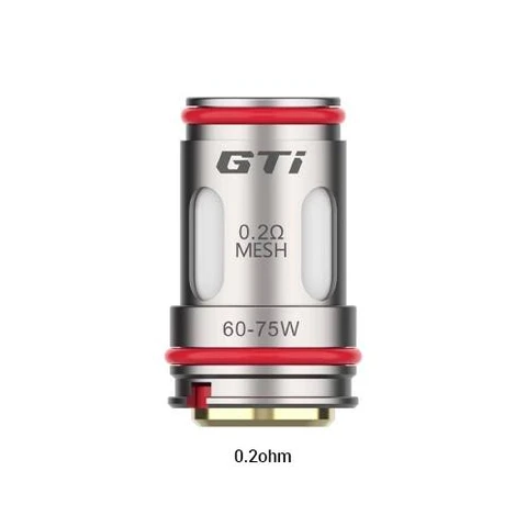 Resistencia Vaporesso GTi plateada con juntas rojas, ventanas laterales y marcas de 0,2 Ω Mesh y 60–75 W sobre fondo blanco. Resistencia Vaporesso GTi plateada con juntas rojas, ventanas laterales y marcas de 0,2 Ω Mesh y 60–75 W sobre fondo blanco.