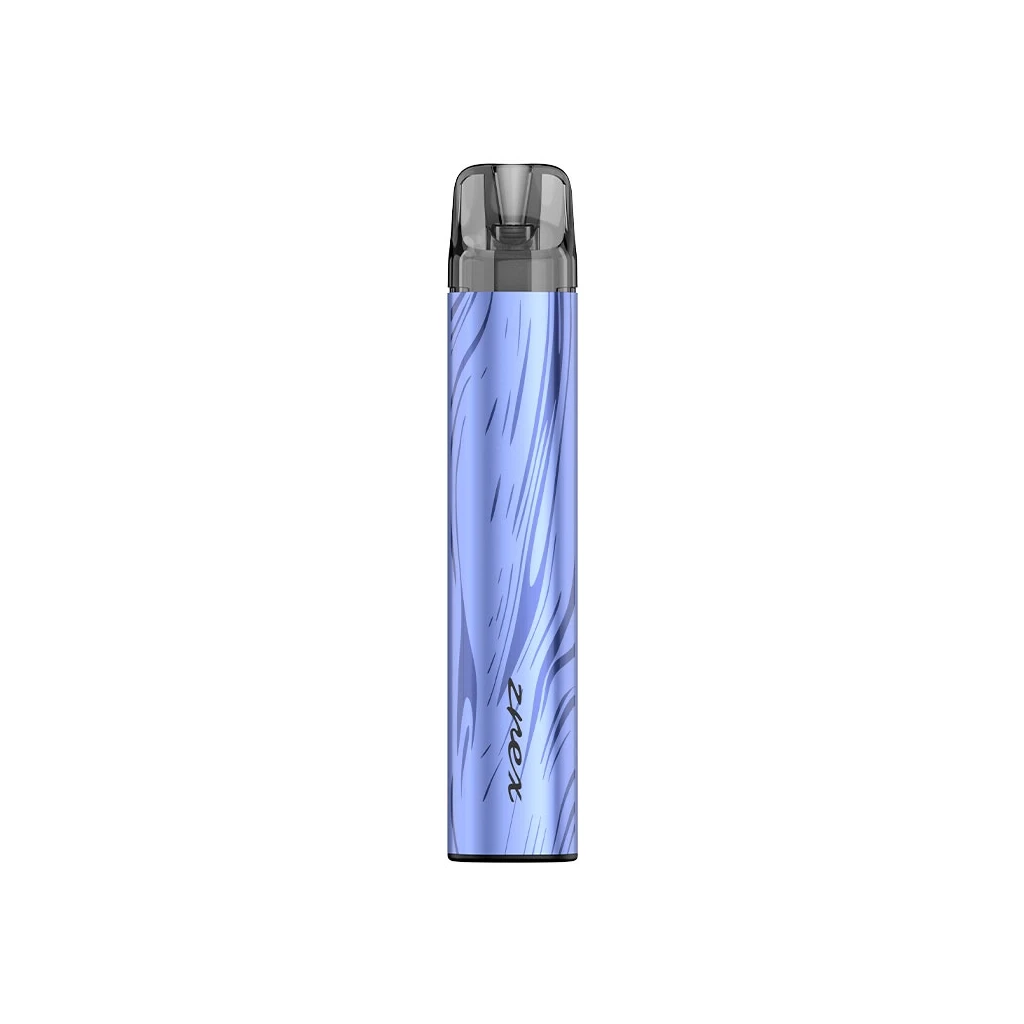 Smok Zrex RF 2 de cuerpo alargado azul violáceo con trazos oscuros y boquilla translúcida gris, en posición vertical sobre fondo blanco.