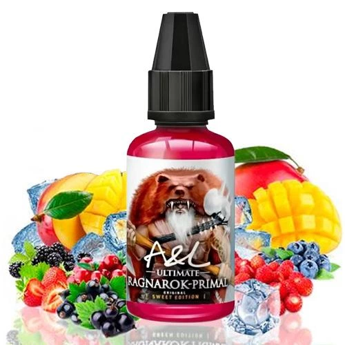 Frasco rojo de Ragnarok Primal A&L Ultimate con tapón negro y un oso en la etiqueta, rodeado de mango, frutos rojos y cubitos de hielo.