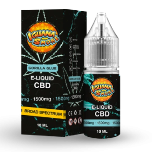 Frasco de e-líquido CBD Gorilla Glue de Iguana Smoke junto a su caja negra, con detalles turquesa y rótulos de 1500 mg y 10 ml.