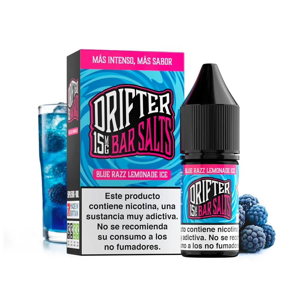 Bote y caja de Drifter Bar Salts Blue Razz Lemonade Ice, con etiquetas azules y rosas, aviso de nicotina, bebida azul y frutos al lado.