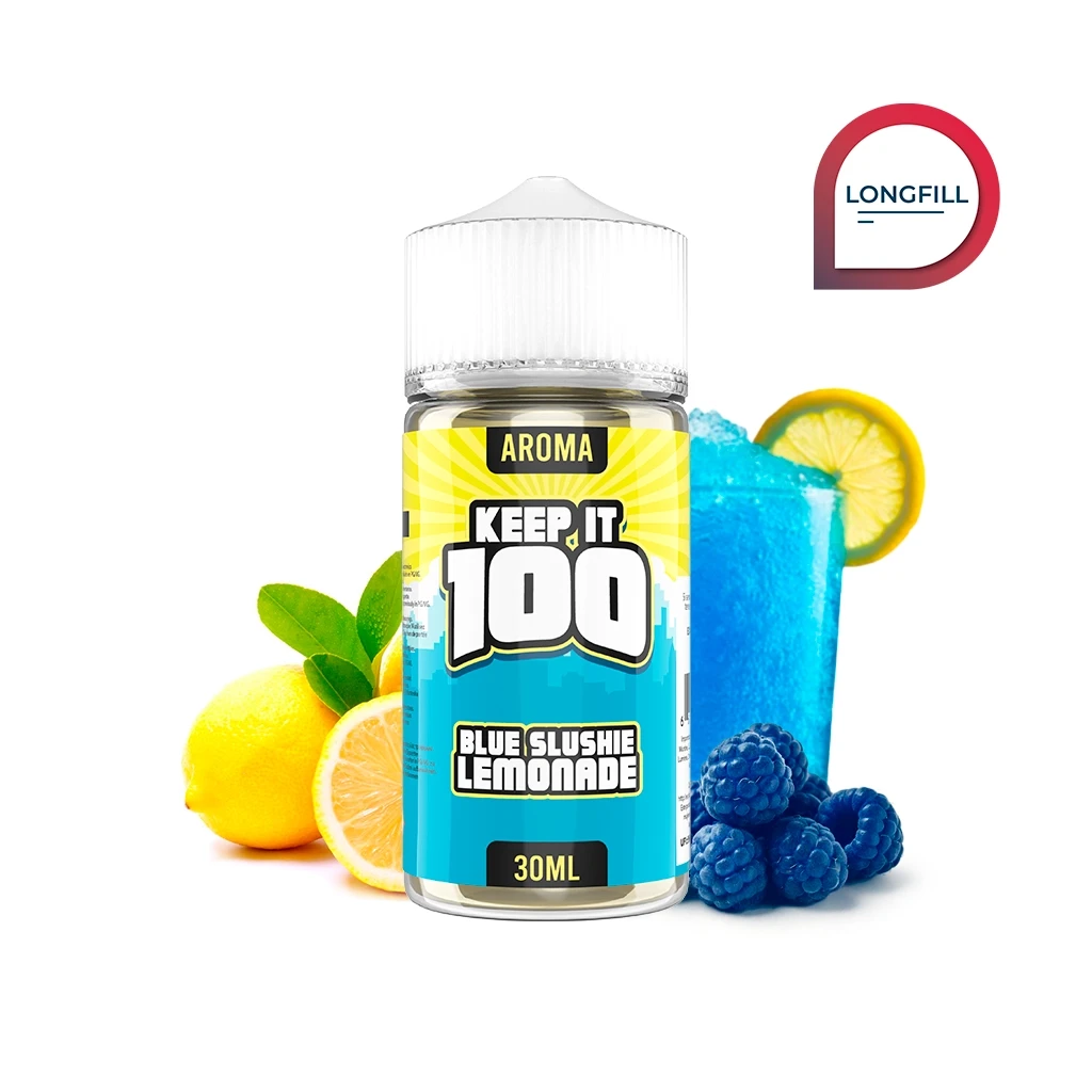 Botella Keep It 100 Blue Slushie Lemonade de 30 ml, con tapón blanco, etiqueta amarilla y azul, limones, frutos azules y granizado detrás.