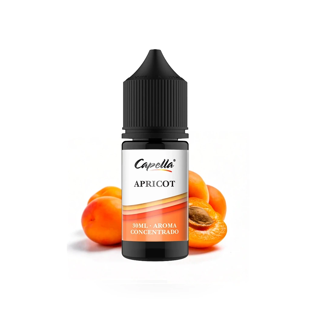 Frasco Capella Apricot de 30 ml con tapón negro estriado y etiqueta naranja y blanca, acompañado de albaricoques enteros y abiertos.