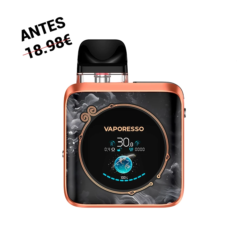 Vaporesso Xros 4 Nano con borde naranja, frontal negro decorado, pantalla circular y boquilla negra sobre fondo blanco.