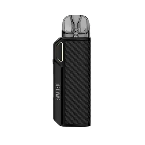Pod Lost Vape Thelema Elite 40 negro, en vista vertical, con panel de trama diagonal, botón lateral y boquilla translúcida oscura.
