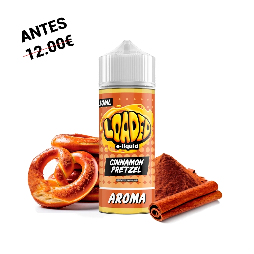 Frasco Loaded Cinnamon Pretzel con tapón blanco y etiqueta naranja de 30 ml, acompañado de pretzels, canela en polvo y en rama.