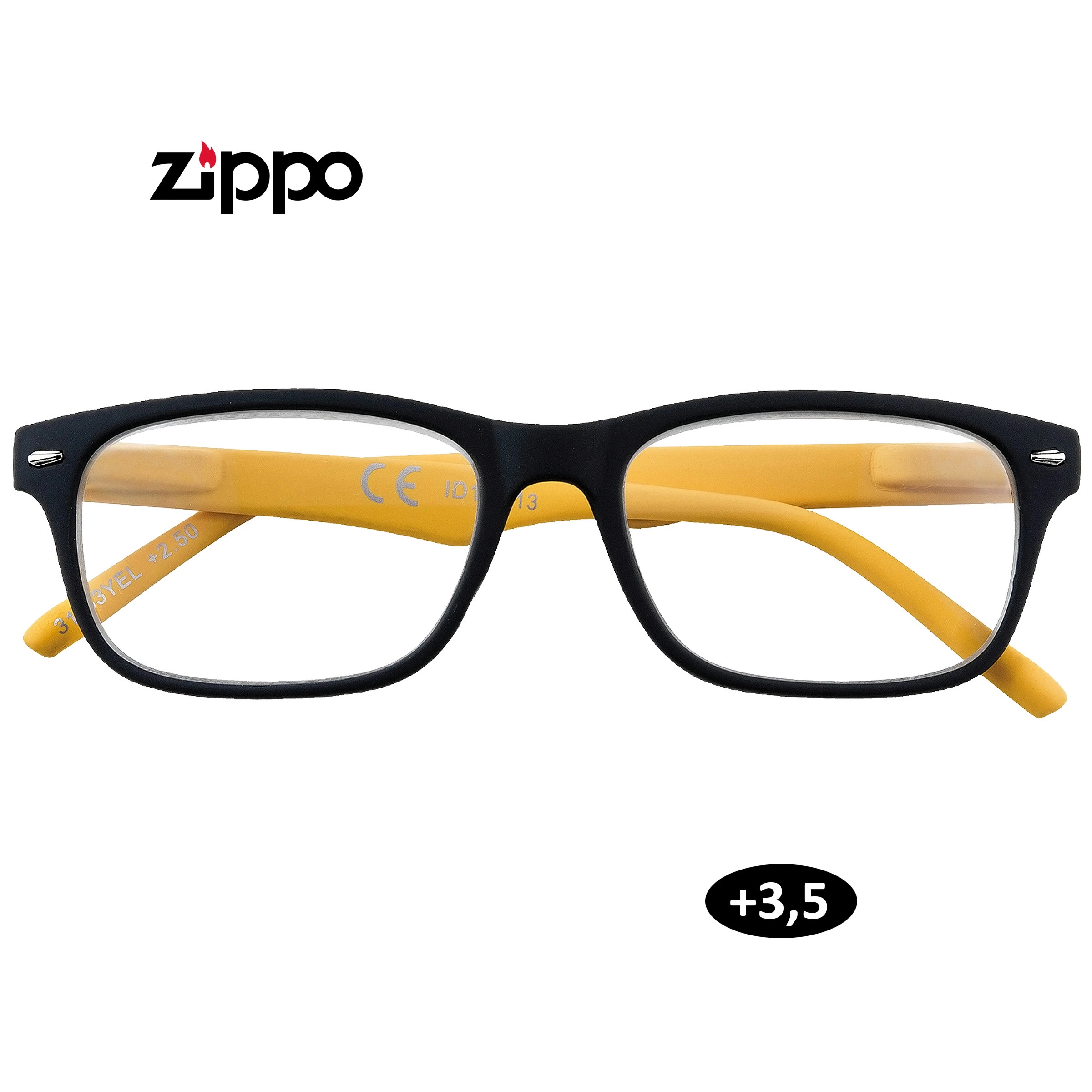 Gafas de lectura Zippo con montura rectangular negra y patillas amarillas, vistas de frente, con indicación de graduación +3,5.