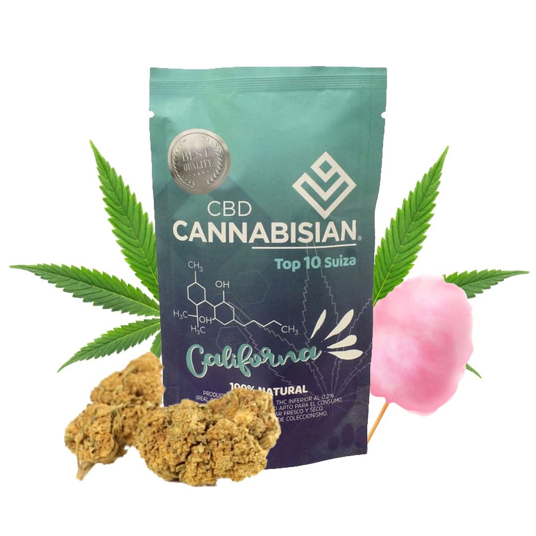Bolsa de California CBD de Cannabisian con cogollos delante, hojas verdes a los lados y algodón de azúcar rosa sobre fondo blanco.