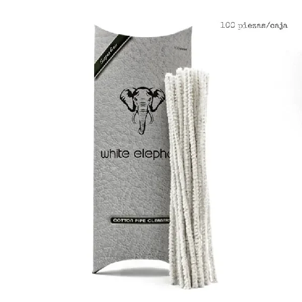 Limpiapipas blancos de algodón junto a su caja gris White Elephant, con dibujo de elefante e indicación de 100 piezas por caja. Limpiapipas blancos de algodón junto a su caja gris White Elephant, con dibujo de elefante e indicación de 100 piezas por caja.
