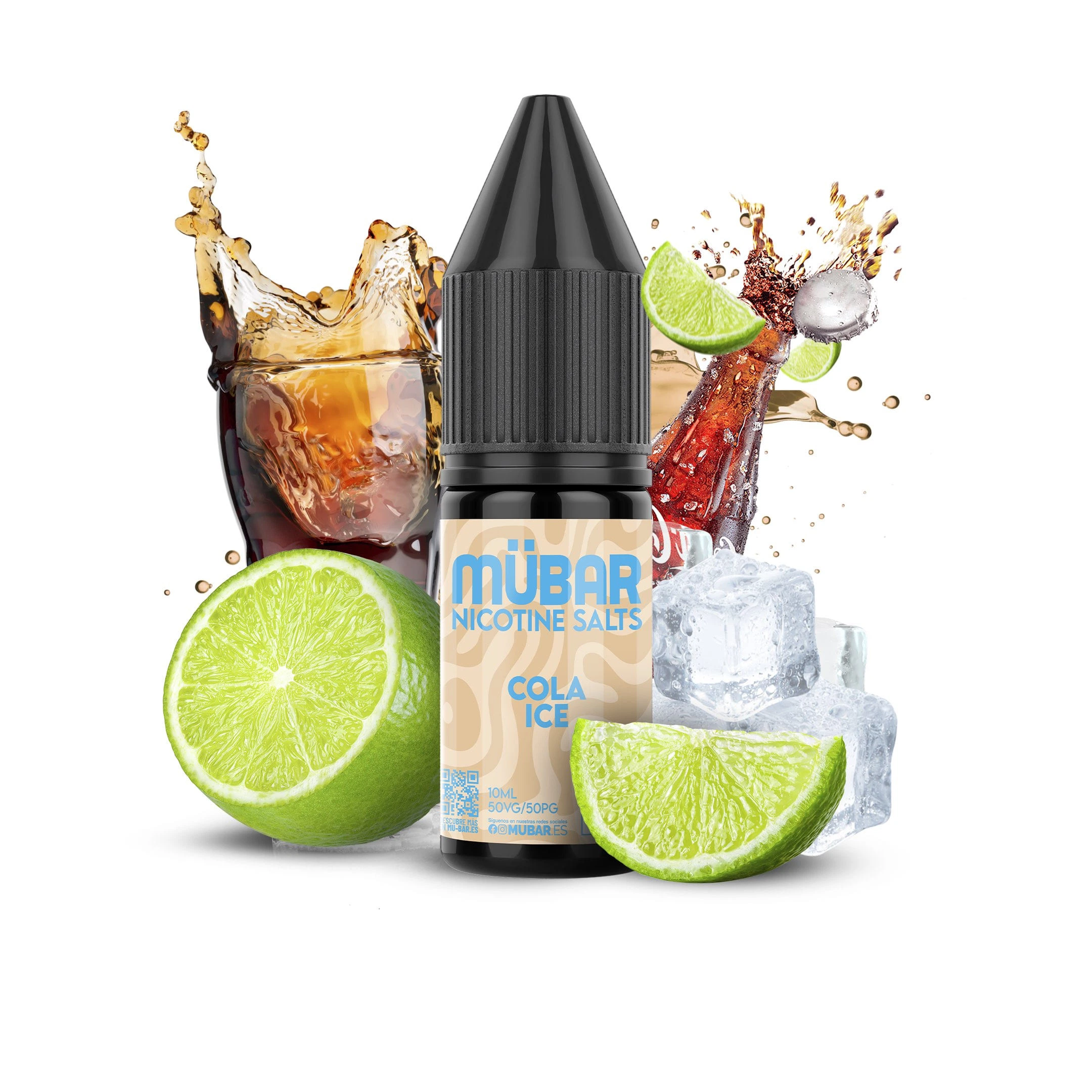 Frasco de MÜBAR Nicotine Salts Cola Ice con tapón negro, rodeado de limas cortadas, cubitos de hielo y salpicaduras de refresco.