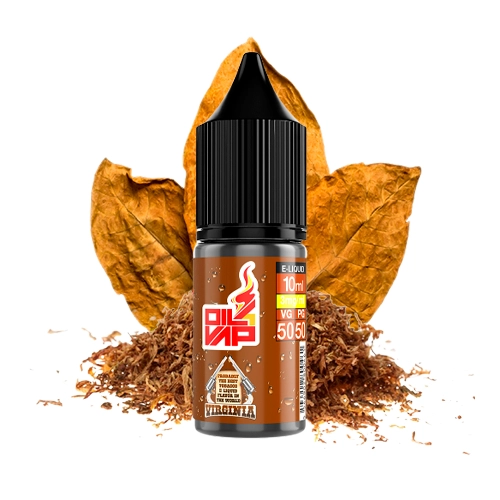 Frasco de e-liquid Oil4Vap Virginia de 10 ml, con tapón negro y etiqueta marrón, delante de hojas y tabaco picado.