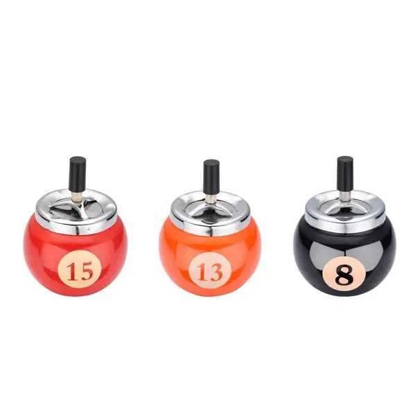 Selección de ceniceros de presión con forma de bola de billar: rojo con 15, naranja con 13 y negro con 8, con tapas plateadas.