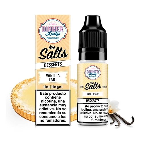Frasco y caja Dinner Lady Vanilla Tart Nic Salt, con etiquetas de 10 ml y 10 mg/ml, advertencia sobre nicotina y una tartaleta al fondo.