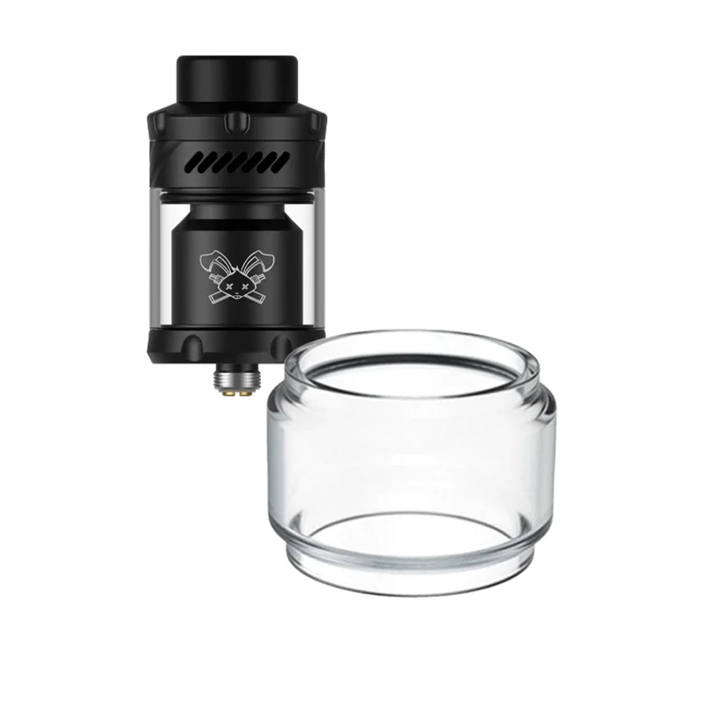 Depósito transparente Bubble Glass de perfil abombado en primer plano, con un atomizador negro Hellvape Dead Rabbit V3 RTA detrás.