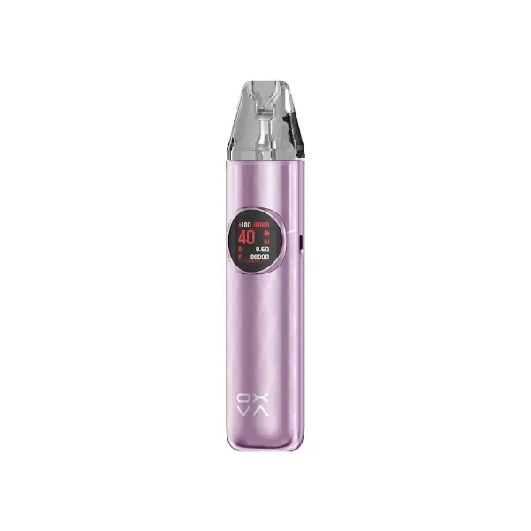 Oxva Nexlim 2 Pod Kit de color lila, con boquilla transparente y pantalla circular encendida, en vista frontal sobre fondo blanco.