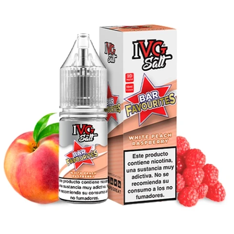 Frasco y caja IVG Bar Favourites White Peach Raspberry junto a un melocotón y frambuesas, con advertencia visible sobre la nicotina.