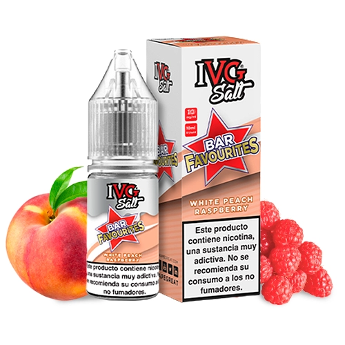 Frasco y caja IVG Bar Favourites White Peach Raspberry junto a un melocotón y frambuesas, con advertencia visible sobre la nicotina.
