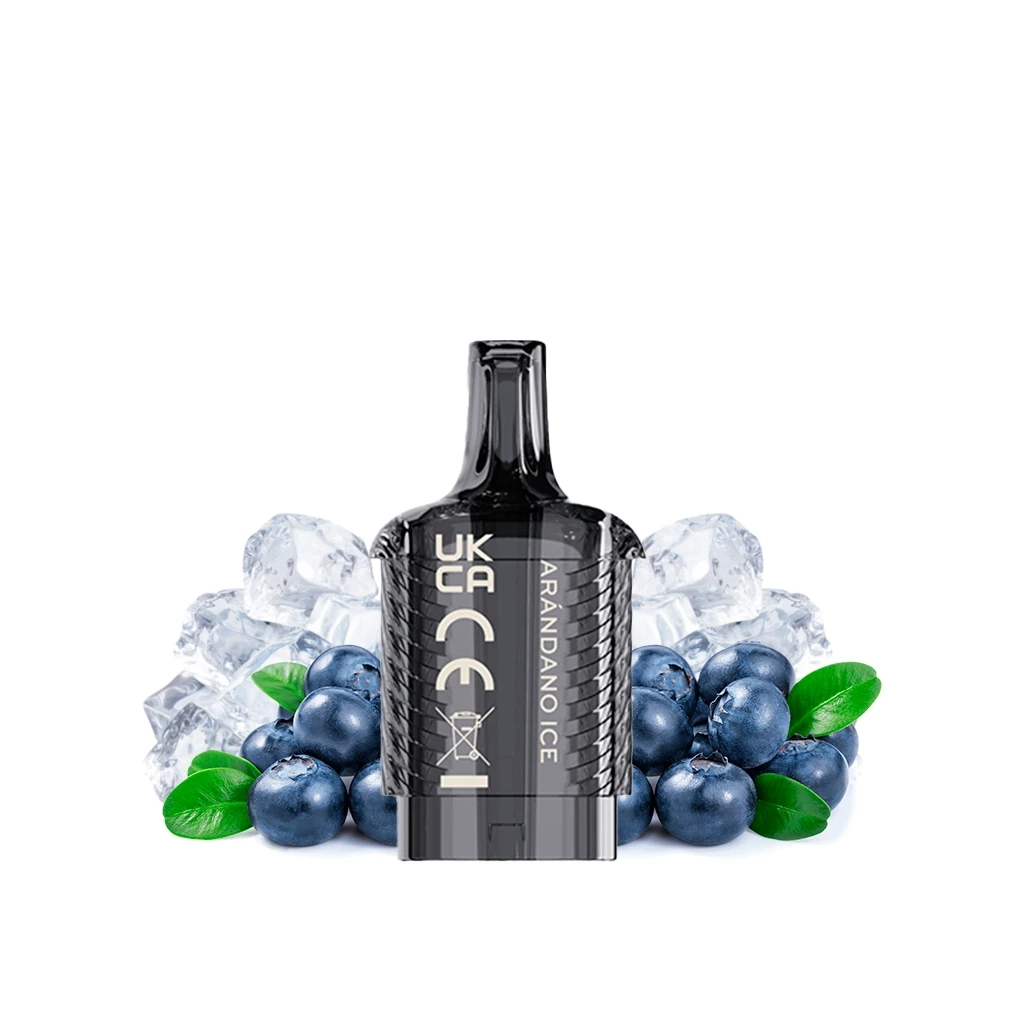 Pod negro Vozol Vista Plug Blueberry Ice con boquilla superior y texto «ARÁNDANO ICE», rodeado de arándanos, hojas verdes y hielo. Pod negro Vozol Vista Plug Blueberry Ice con boquilla superior y texto «ARÁNDANO ICE», rodeado de arándanos, hojas verdes y hielo.