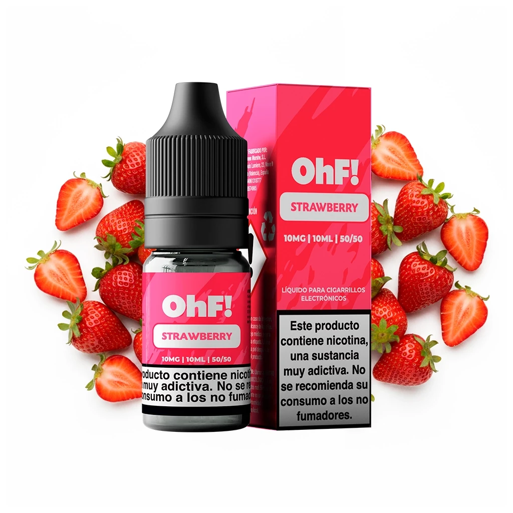 Frasco y caja rosa de OhF! Strawberry rodeados de fresas, con etiquetas de 10 mg, 10 ml y 50/50 y advertencia sobre nicotina.