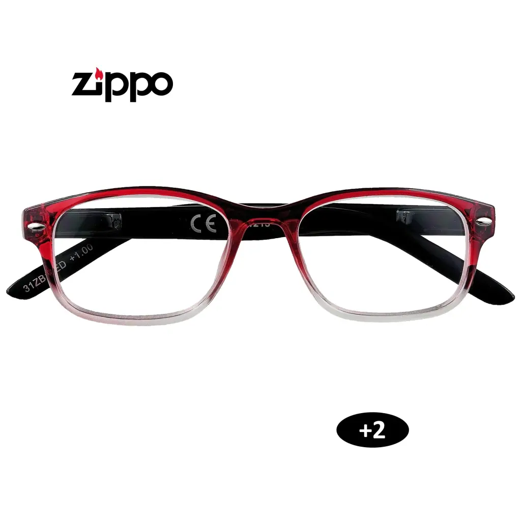 Gafas de lectura Zippo +2 con montura rectangular roja degradada a transparente y patillas negras, vistas de frente.