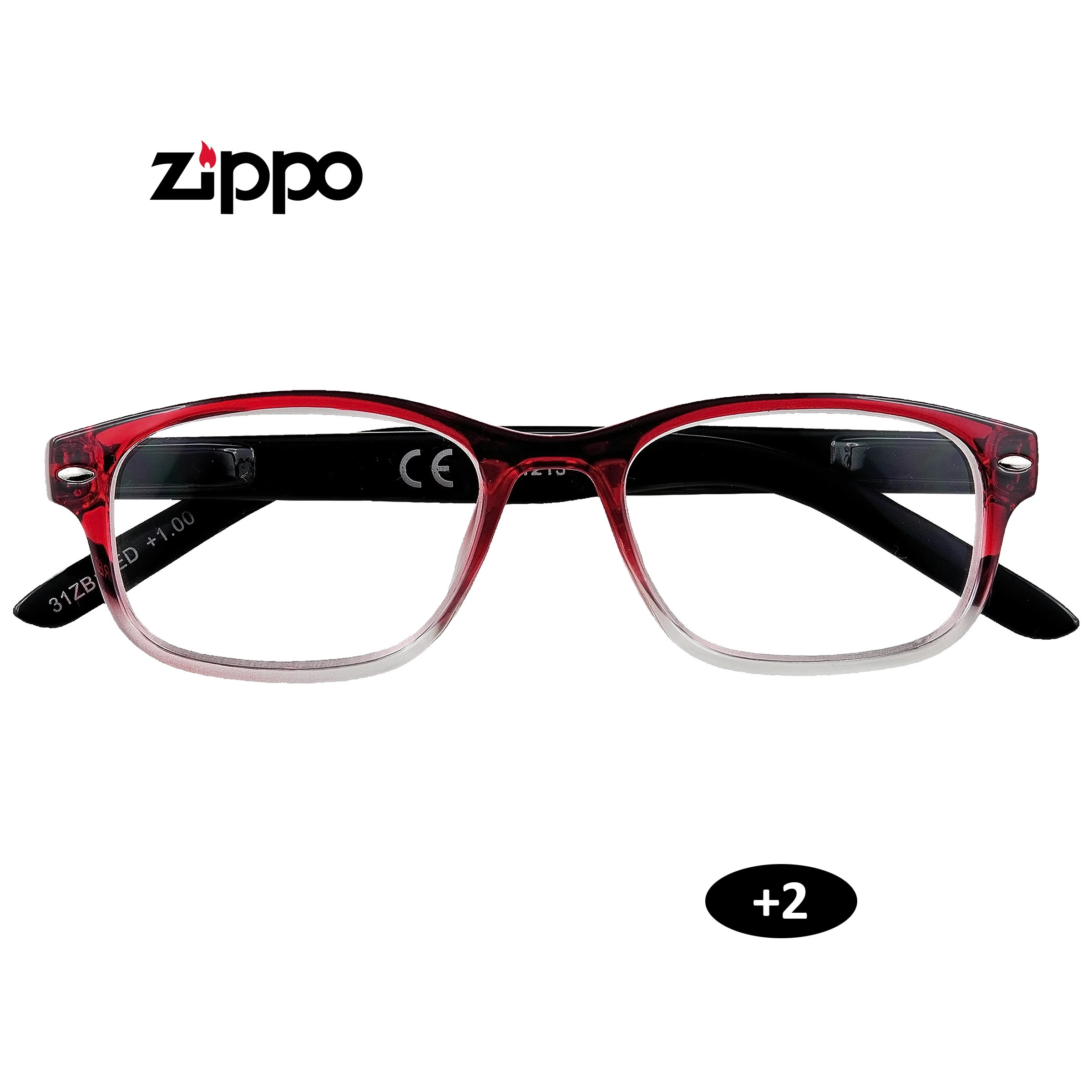 Gafas de lectura Zippo +2 con montura rectangular roja degradada a transparente y patillas negras, vistas de frente.