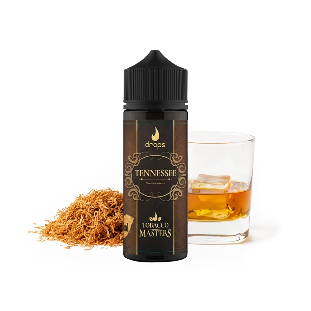 Frasco Drops Tobacco Masters Tennessee con tapón negro y etiqueta marrón y dorada, junto a tabaco picado y un vaso con líquido ámbar y hielo.