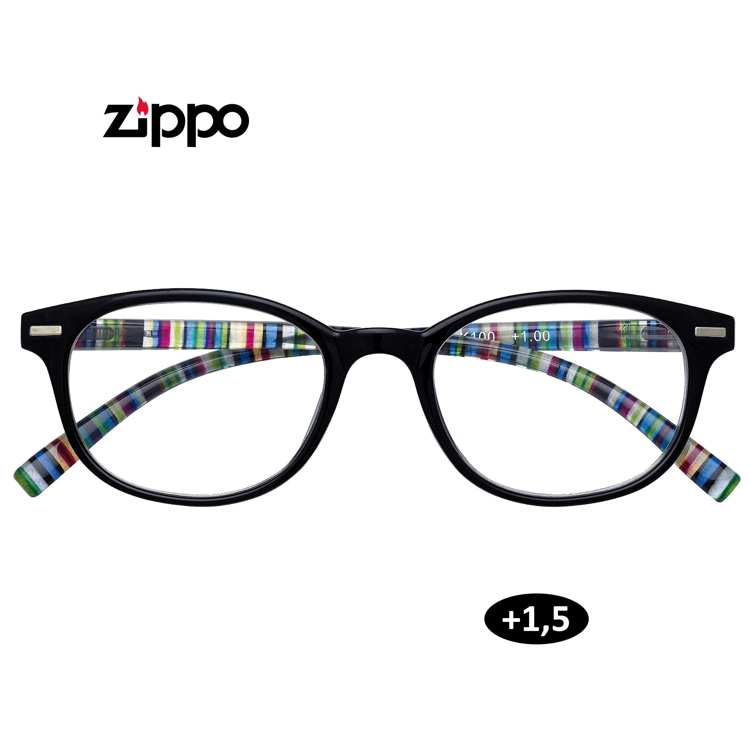 Gafas de lectura Zippo con montura negra, patillas de rayas multicolores y distintivo de graduación +1,5 sobre fondo blanco.